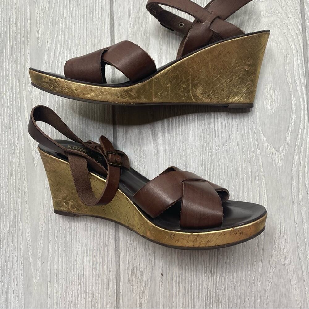 KORK-EASE WOMEN'S TAMARA BROWN LEATHER STRAPPY GOLD CORK WEDGE SANDALS SIZE 9 - Picture 7 of 10
